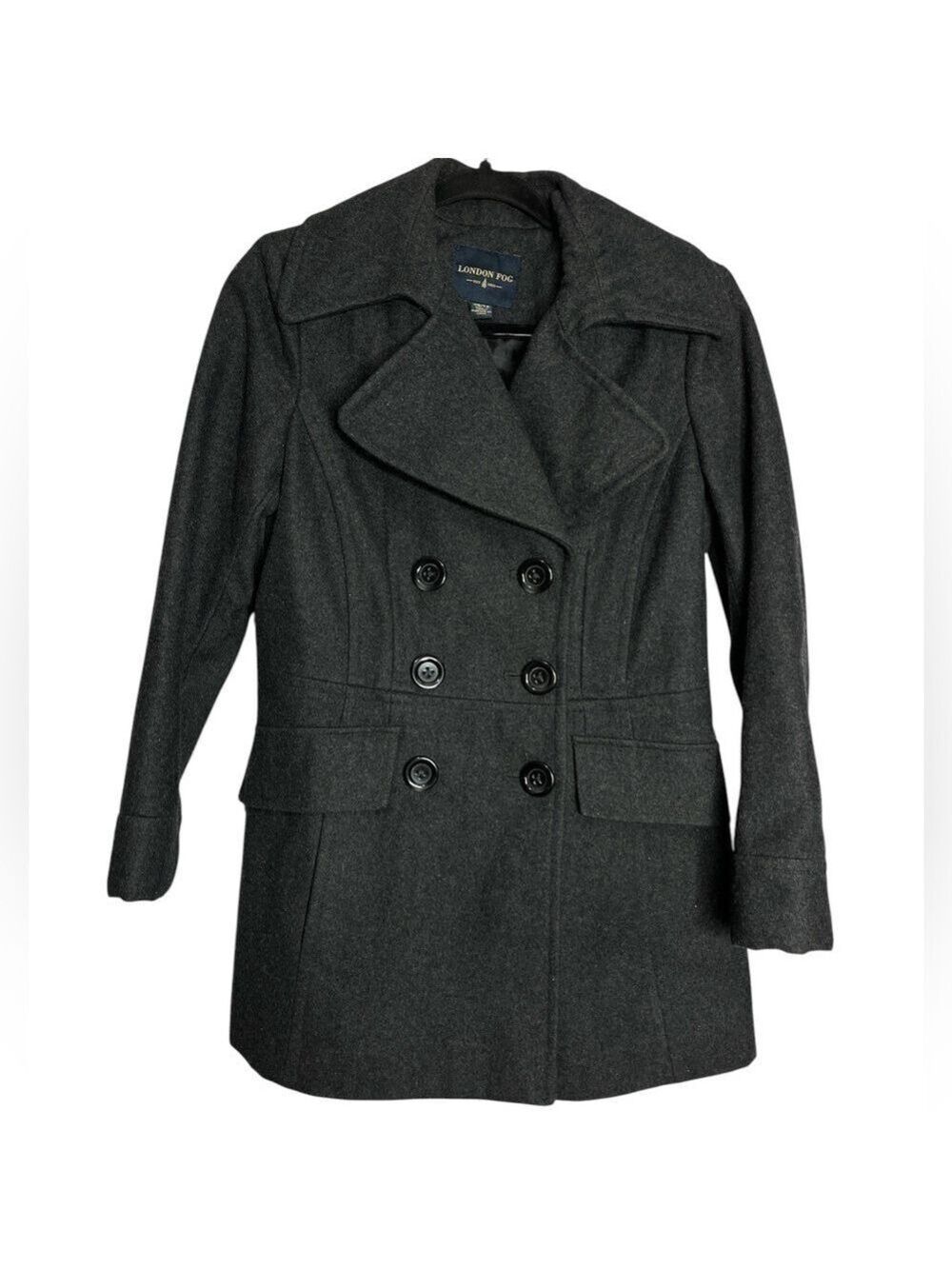 London Fog Double Breasted Wool Blend Dark Gray Pea Coat, size XS